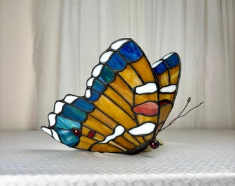 Vintage Stained Glass Butterfly Lamp Shade Only, Tiffany Style Amber Blue