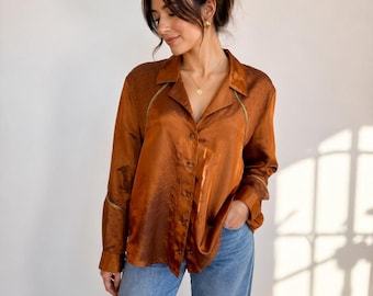 Vintage Bronze Iridescent Blouse • Celestial Star Moon Shirt