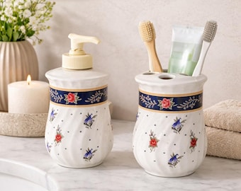 Vintage Blumen Badezimmer Set: Seifenspender & Zahnbürstenhalter aus Keramik