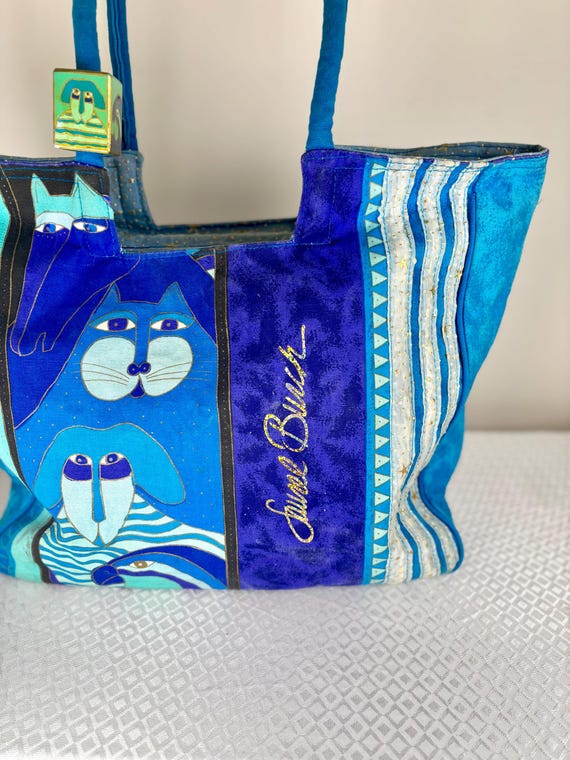 Laurel Burch Indigo Cats Tote Bag • Vintage Folk Art Cat Bag • Colorful