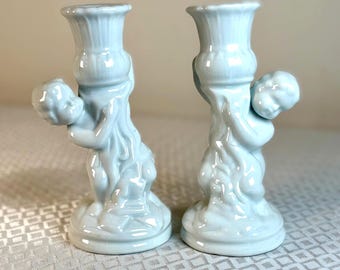 Vintage White Cherub Candlestick Holders – Set of 2