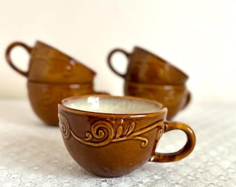 Vintage MCM-koffiekopjes set van 5 | Keramische mokken in aardetinten