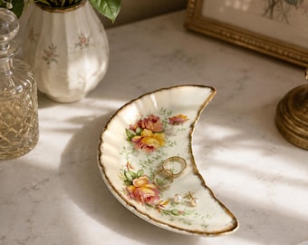 Vintage maanschaal bloemen roos trinket porseleinen sieradenschaal