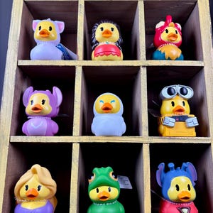 Peut inclure: Une étagère de présentation en bois à douze compartiments, contenant chacune un canard en caoutchouc unique. Les canards sont vêtus de divers costumes, incluant des tenues inspirées de films, des chapeaux colorés et des accessoires, disposés en grille.