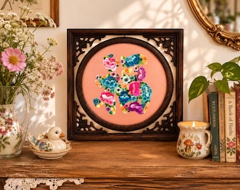 Vintage Chinese Embroidery Art: Rotating Wood Frame, Double-Sided Floral Decor