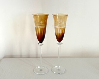 Vintage Ajka Brown Champagner Flöten | Floral geätzte Trinkgläser