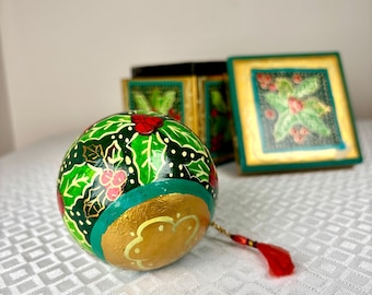 Vintage Lacquer Wooden Christmas Ball Ornament With Box • Hand Painted Holly & Berries