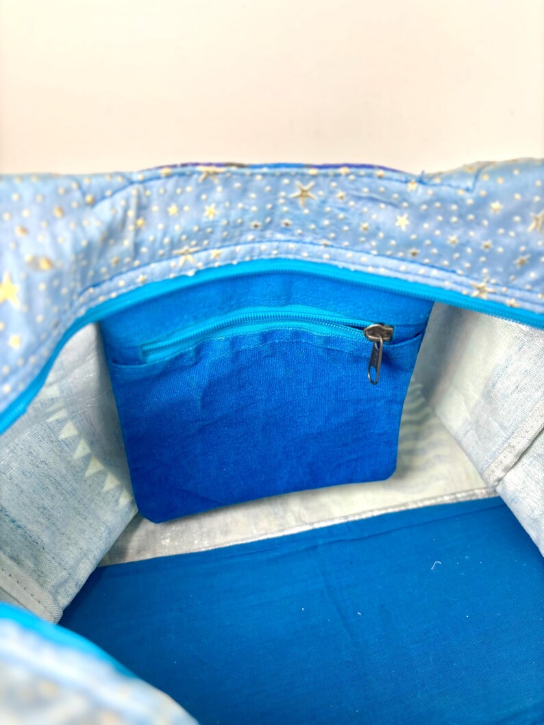 May include: A blue tote bag interior with a zippered pocket. The bag's lining features a light blue fabric with gold stars. The interior pocket is a solid blue, and the zipper is silver.