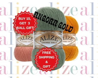 Puede incluir: Tres ovillos de lana en diferentes colores: rosa, verde y amarillo. La lana está etiquetada como "Alize Angora Gold" y tiene una oferta de "Compra 15, obtén 3 ovillos de regalo".