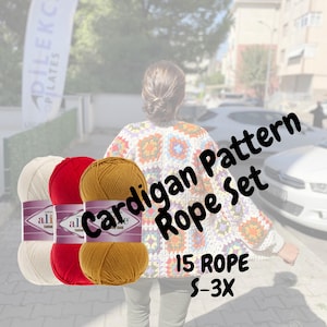 Peut inclure: Un ensemble de patron de cardigan en crochet avec trois pelotes de laine en blanc, rouge et or. Le patron s'appelle "Cardigan Pattern Rope Set" et comprend les tailles S-3X. La laine est étiquetée "ali Cotton Gold".