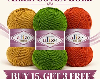 May include: Three skeins of Alize Coton Gold yarn in mustard yellow, grass green, and burnt orange. Each skein features a white and purple label with the text Alize Cotton Gold. The image includes the text Alize Coton Gold and Buy 15, Get 3 Free.