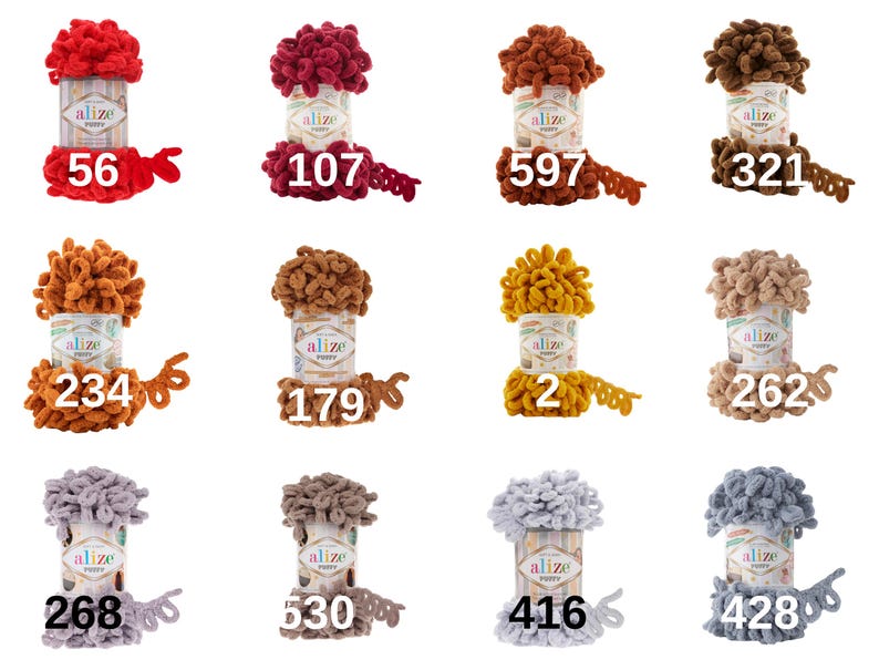 Puede incluir: Surtido de ovillos de hilo en varios colores, incluyendo rojo, naranja, marr&oacute;n, beige, gris y azul. Cada ovillo tiene el nombre de la marca "alize" y un n&uacute;mero impreso en la etiqueta.