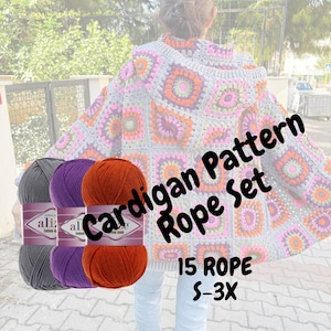 Peut inclure: Un ensemble de patron et de fil pour un cardigan au crochet. Le cardigan est réalisé avec un point de granny square et possède une capuche. Le fil est en trois couleurs : gris, violet et orange. Le texte sur l'image est "Cardigan Pattern Rope Set 15 Rope S-3X".