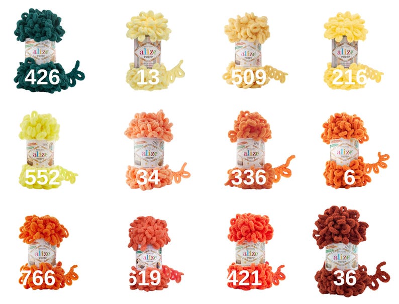 Puede incluir: Doce madejas de hilo en varios colores, incluyendo verde, amarillo, naranja y marr&oacute;n. Cada madeja est&aacute; etiquetada con el nombre de la marca "alize" y un n&uacute;mero.