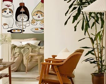 May include: Two wooden chairs with brown cushions and a white throw pillow are in front of a white wall with a green plant in a brown pot. A white curtain with a cartoon image of three cats wearing hats is behind the chairs.