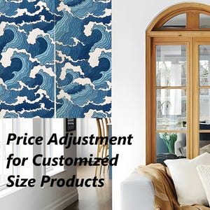 May include: A blue and white wave pattern wallpaper mural. The mural is shown in a living room setting with a white couch and a wooden door. The text "Price Adjustment for Customized Size Products" is displayed below the mural.