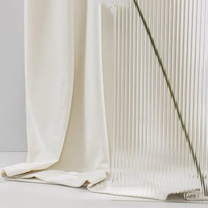 Puede incluir: Cortina de tela color crema, fluida y de textura suave, elegantemente drapeada. Un panel texturizado con líneas verticales es visible a la derecha. Un tallo verde con hojas se coloca en diagonal.