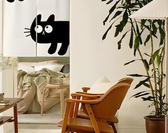 May include: Two black and white cartoon cats peeking out from behind a white curtain. The cats have large eyes and are drawn in a simple style. The curtain is hanging in a living room with two wooden chairs and a rug.