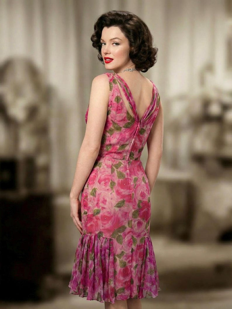 Vintage 50s Silk Chiffon Wiggle Cocktail Dress in a Chic Pink Roses ...