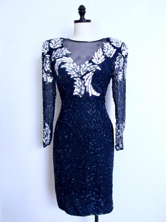 navy blue and silver cocktail dress Vintage 80s 90s Scala Silk S With & White Sequins Satin Polka Dot Scarf Availability:Ready to Ship FEB232026 Sherri hill This sequin lace midi