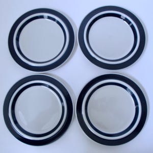 May include: Four round plates with a light gray center and a dark blue border. Each plate has a thin white stripe inside the blue border. The plates are arranged in a square formation.