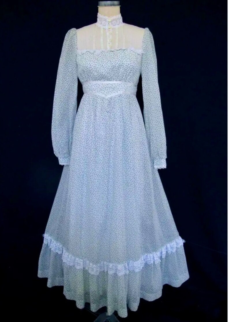 Vintage 70s Gunne Sax Maxi Prairie Dress: Blue Floral Calico and Lace ...