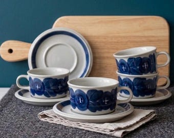 Set of 4 Arabia Finland Blue Anemone Coffee or Tea Cups and Saucers