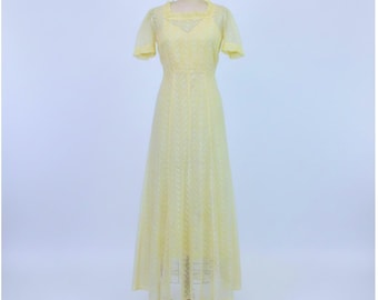 Vintage 1940s Embroidered Organdy Dress & Slip: Pastel Yellow, XXS/XS