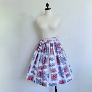 Charming Vintage 1950&#39;s Cotton Pleated Full Skirt XS (26&quot; Waist) Azaleas Floral Print in White, Purple, and Pink Kerry Teen Brand