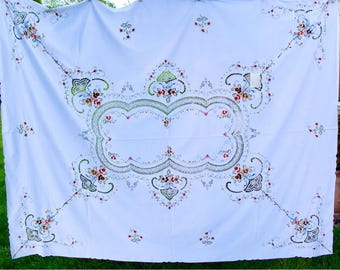 Vintage Hand Embroidered Floral Tablecloth with Crochet Inserts 56" x 84" Rectangular
