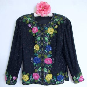Vintage 80s Night Vogue Lavishly Beaded Embroidere& Sequined Silk Evening Jacket Size XL - Fabulous Dimensional Flower Design - Stunning!