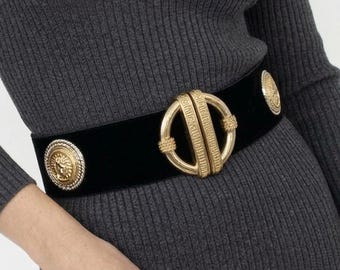 Vintage 90s Black Leather Statement Belt with Gold Medallions by The Ritz Collection Size Small