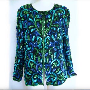 Fabulous Glitzy Vintage 80s / 90s Stenay Silk Sequined and Beaded Trophy Jacket Size XL in Black, Purple, Aqua, and Green