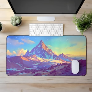 Mountain Desk Mat - Purple Lofi Art Mouse Pad, Violet playmat