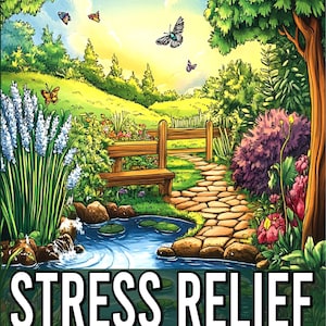 May include: A coloring book with a colorful illustration of a garden scene with a stone path, a wooden bench, a pond, and butterflies. The text "Stress Relief Coloring Book" is at the bottom of the image.