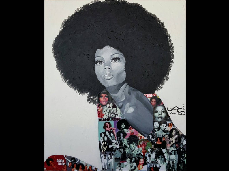 Peut inclure: Peinture en noir et blanc d'une femme avec une grande afro. Le corps de la femme est compos&eacute; de couvertures de magazines mettant en vedette la m&ecirc;me femme. La peinture est sur fond blanc.