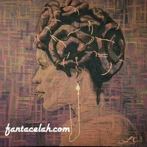 May include: An oil painting depicts a woman in profile, with dark hair styled in an elaborate updo. She wears a long, dangling earring. The background features a textured, geometric pattern in shades of purple and brown. The text "fantacelah.com" is visible.