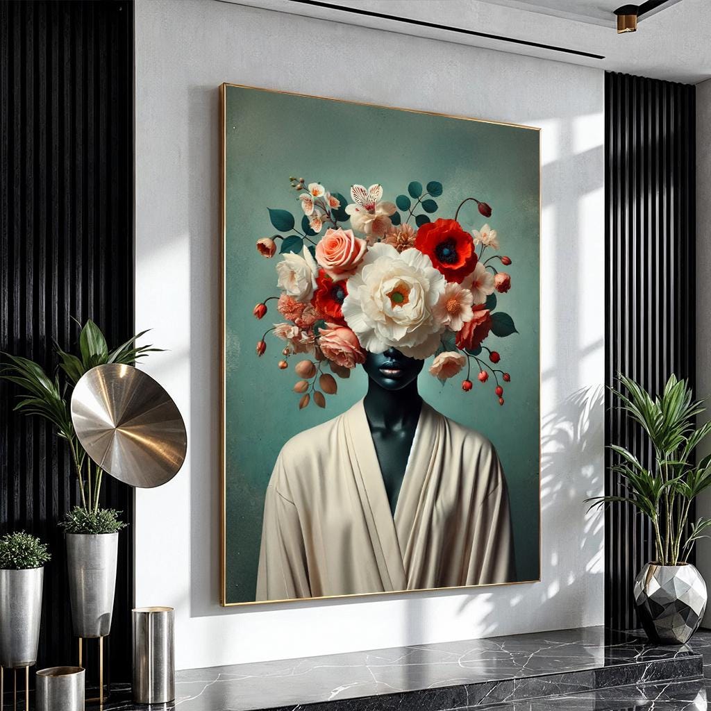 Floral African Woman Head Black Woman Canvas Art, African American Wall ...
