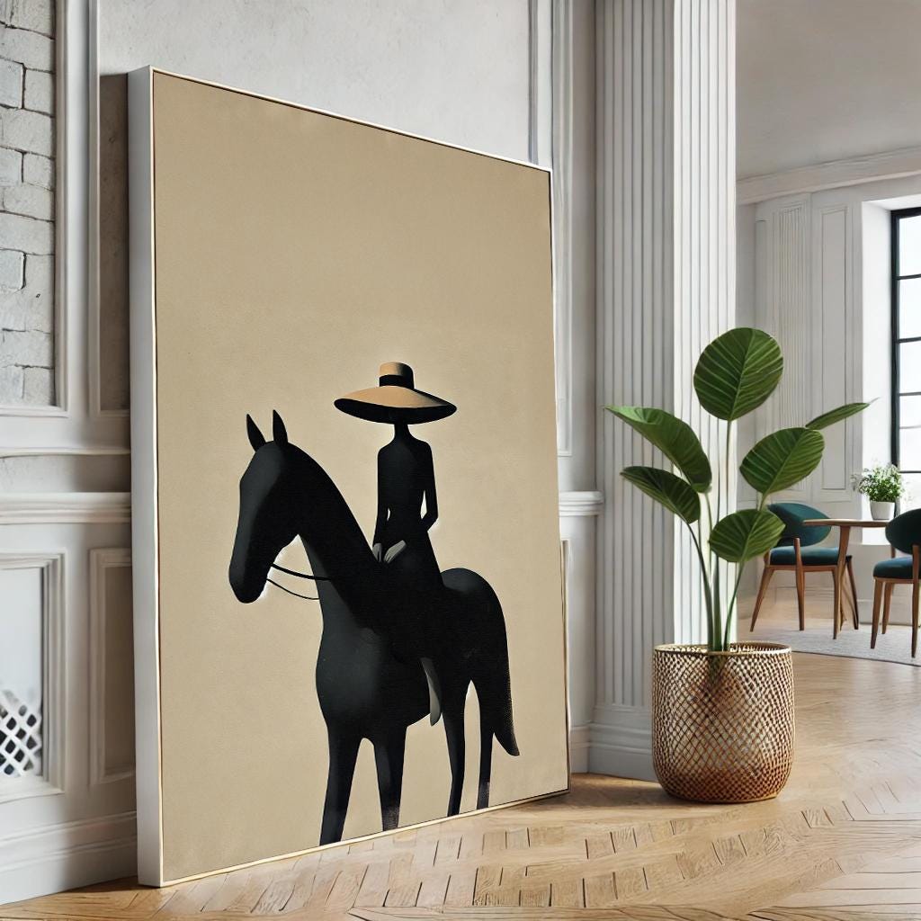 Elegant Woman on Horse Canvas Wall Art Print - Minimalistic and Stylish ...