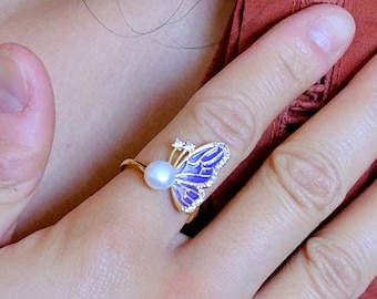 Purple Butterfly Ring: Freshwater Pearl, Y2K Handmade Jewelry