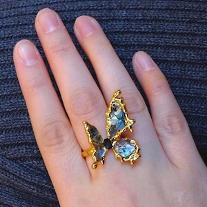 Gold Butterfly Ring, Adjustable Statement Jewelry with Abalone Shell, Nature-Inspired Gift for Her