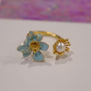 Handmade Blue Enamel Flower Ring: Gold Pearl Adjustable Statement Jewelry