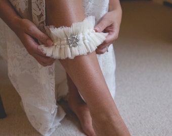 Martha - Ivory Silk Tulle Garter, Ivory Garter, Personalised Garter, Silk Garter, Silver Sixpence Garter, Wedding Garter, Bespoke Garter