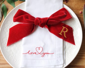 Valentines Napkins - Linen Napkin, Love You, Linen Hemstitch Napkins, 4th Wedding Anniversary Gift, Valentines Day Gift