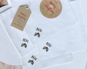 4 Monogram Handkerchiefs in Gift Box, Christmas Monogram Hankies, Personalised Christmas Hankies, Men's Cotton Hankies, Holly Hankies