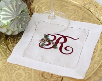 Christmas Monogram Cocktail Napkins, Linen Hemstitch Napkin, Monogram Table Linen, Monogram Coaster. Christmas Monogram, 15cm Napkin