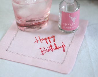 Personalised Cocktail Napkins, Linen Hemstitch Napkin, Linen Cocktail napkin, Any 4 words Embroidered, 15cm Linen Napkin