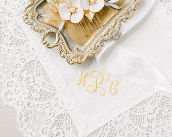 Monogram Wedding Handkerchief, Monogram Ladies Handkerchief, Monogrammed Brides Handkerchief, Lace Handkerchief in Gift Box, Nottingham Lace