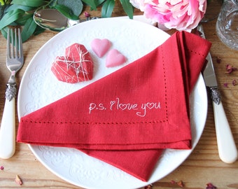 Valentines Napkins - Cotton Embroidered Napkin, Love You, 2nd Wedding Anniversary Gift, Valentines Day Gift