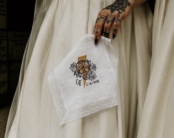 Custom Ladies Handkerchief – Handmade with Nottingham Lace – Embroidered with your own Artwork, Wedding Monogram / Design, Brand Logo